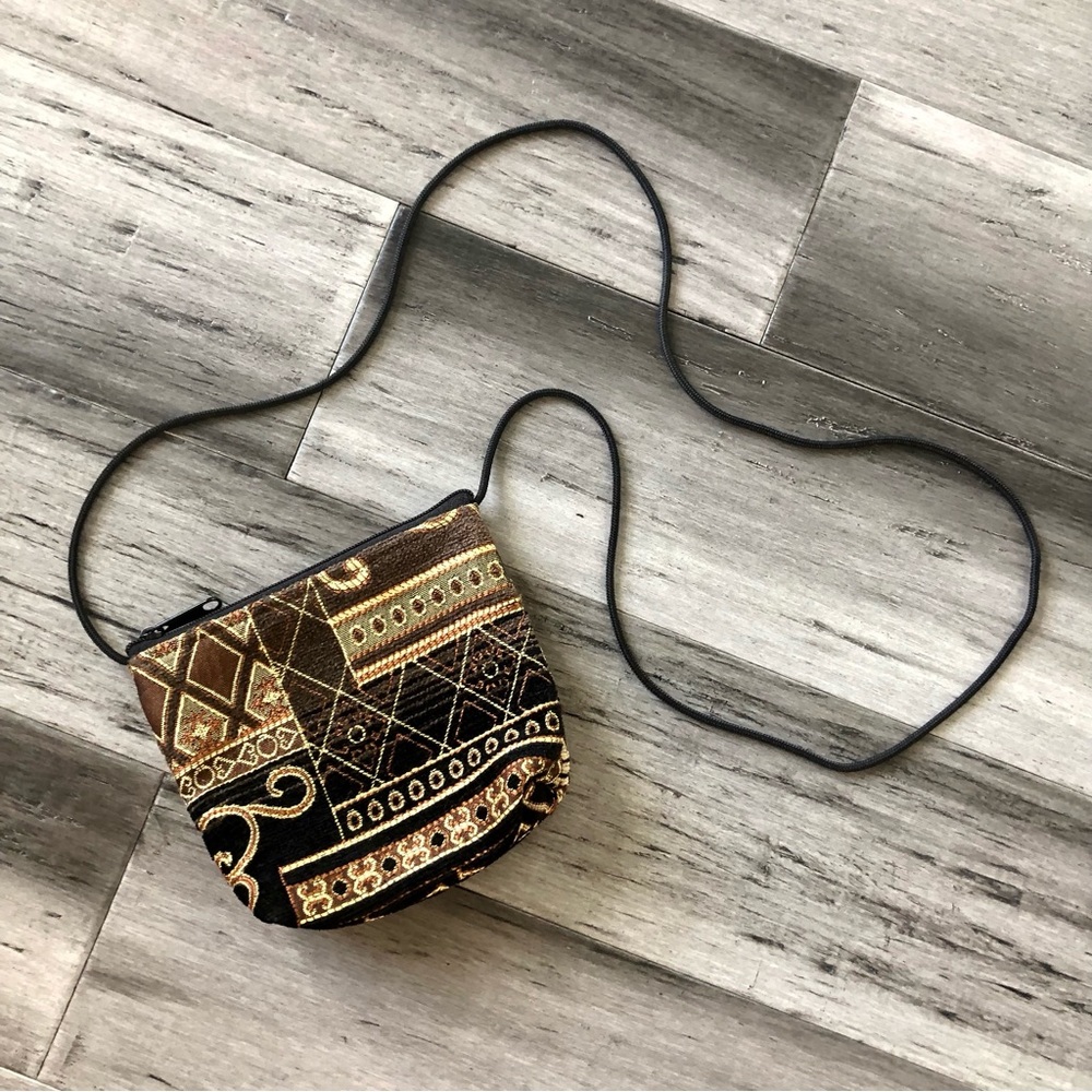 Vintage 90s Y2K Mini Gold & Black Velvet Tapestry Crossbody Bag